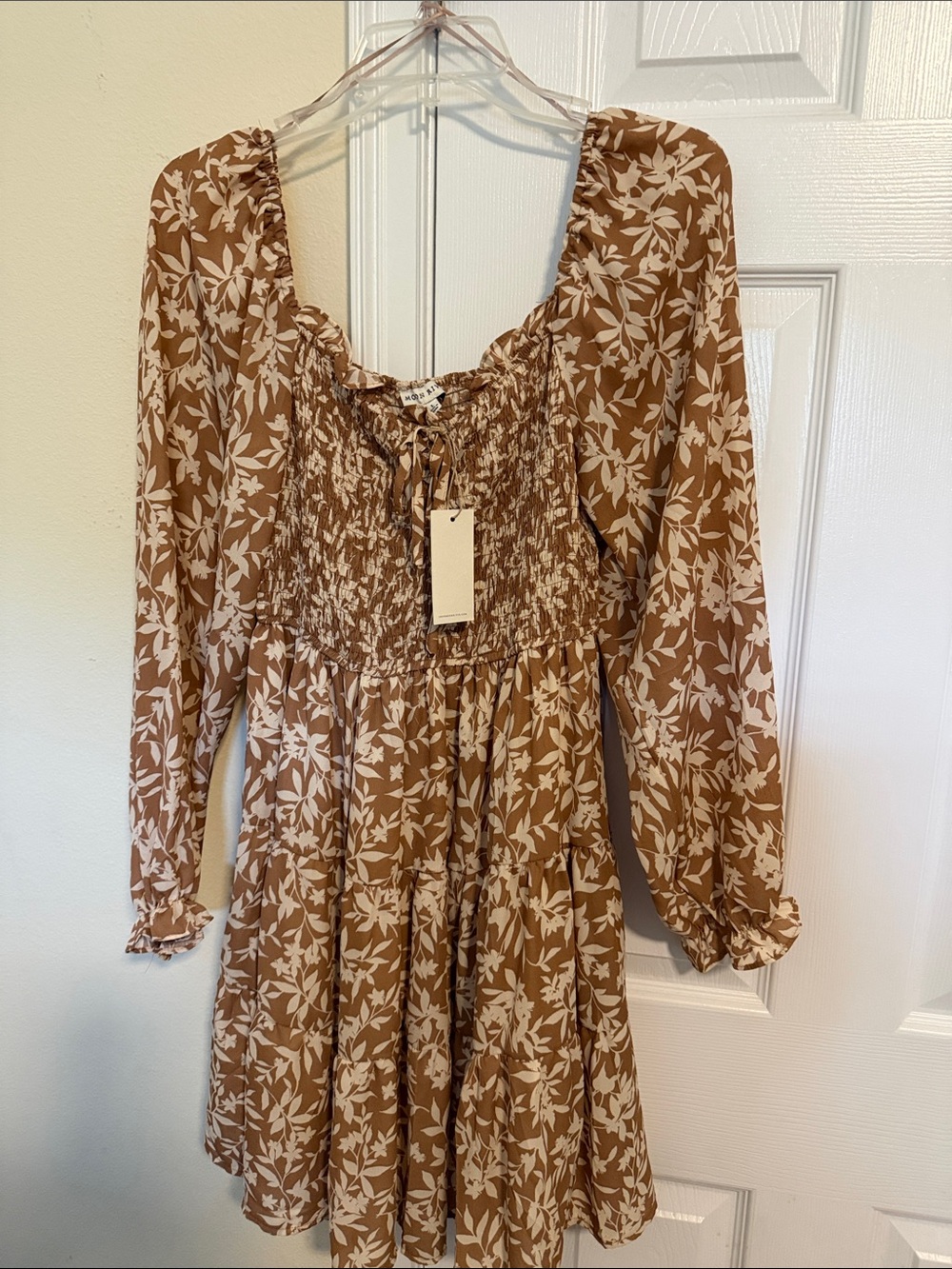 Moon River Cream Floral Brown Long-Sleeve Smocked Dress